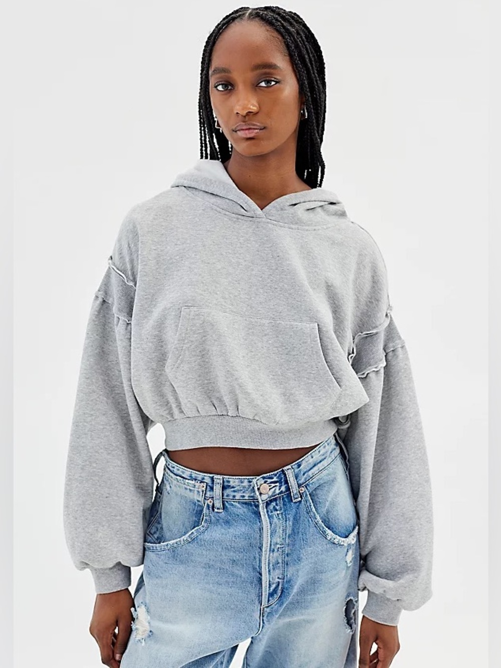 Urban Outfitters BDG Charlyee Cropped Hoodie Sweatshirt grey Bubble Sleeve M med